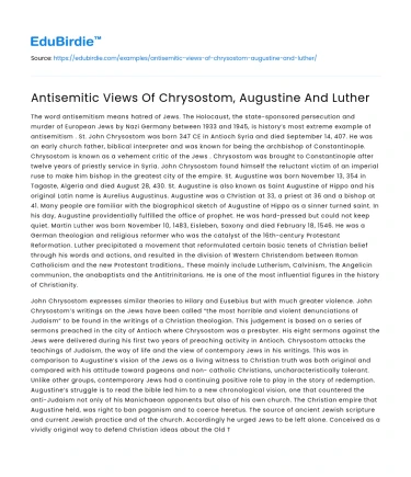 Antisemitic Views Of Chrysostom, Augustine And Luther
