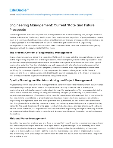 Engineering Management: Current State and Future Prospects