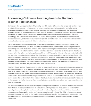 Addressing Children’s Learning Needs in Student-teacher Relationships