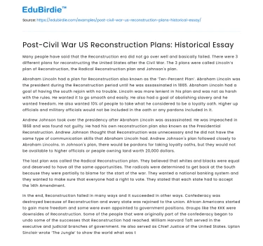 The Reconstruction Era: Evaluating Post-Civil War Plans