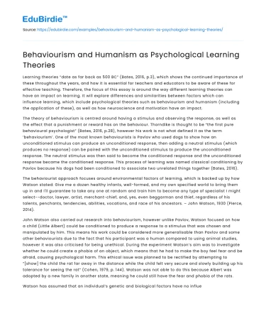 Behaviourism and Humanism as Psychological Learning Theories