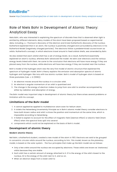 Role of Niels Bohr in Development of Atomic Theory: Analytical Essay