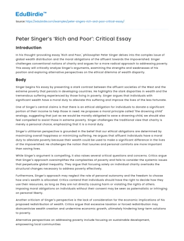 Peter Singer’s ‘Rich and Poor’: Critical Essay