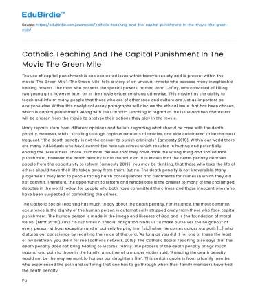 Catholic Teaching And The Capital Punishment In The Movie The Green Mile