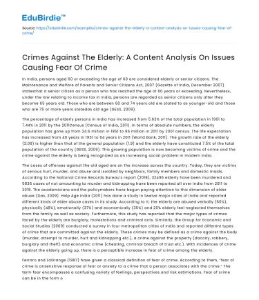 Analyzing Crimes Against the Elderly: Fear of Crime