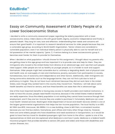 Community Assessment of Low SES Elderly People
