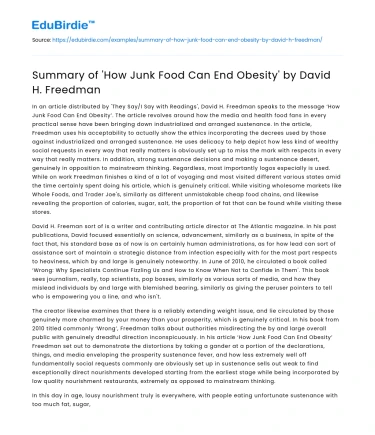 Summary of ‘How Junk Food Can End Obesity’ by David H. Freedman
