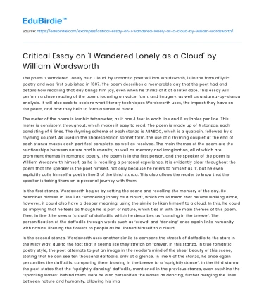 Critical Essay on ‘I Wandered Lonely as a Cloud’ by William Wordsworth