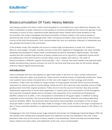 Bioaccumulation Of Toxic Heavy Metals