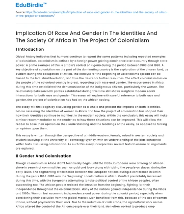 Race, Gender, Identity, Society & Colonialism in Africa