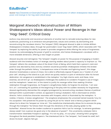 Atwood’s ‘Hag-Seed’: Reconstructing Shakespeare’s Power & Revenge
