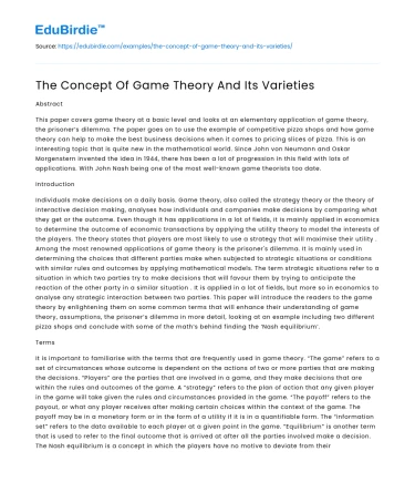 The Concept Of Game Theory And Its Varieties
