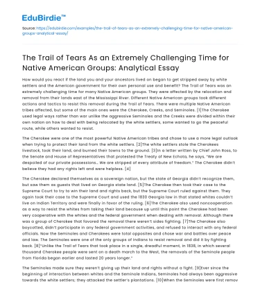 Native American Groups’ Struggle: Trail of Tears Analysis