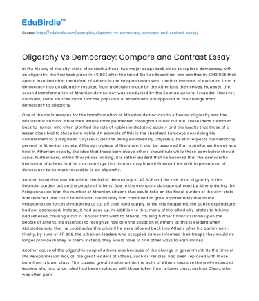 Oligarchy Vs Democracy: Compare and Contrast Essay