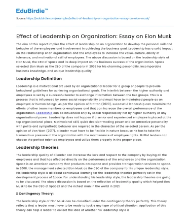 Effect of Leadership on Organization: Essay on Elon Musk