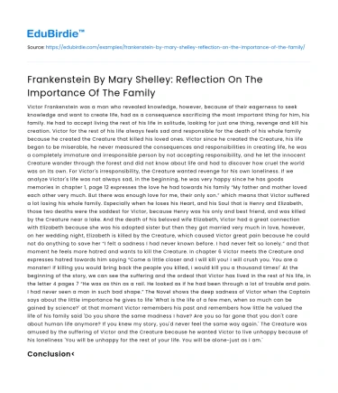 Frankenstein: Reflection on The Importance of The Family