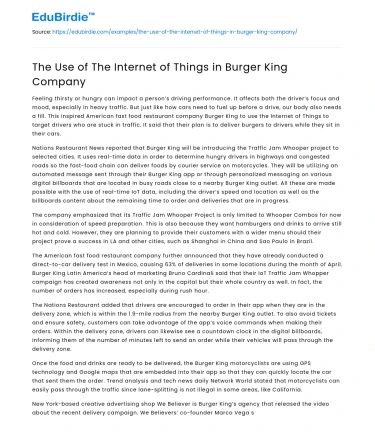 The Use of The Internet of Things in Burger King Company
