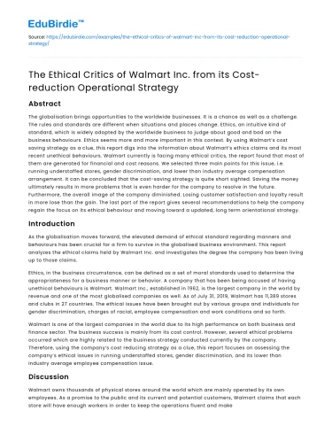 Ethical Critics of Walmart’s Cost-cutting Strategy