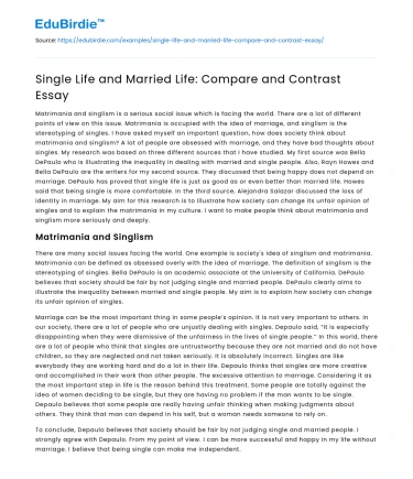 Single Life and Married Life: Compare and Contrast Essay
