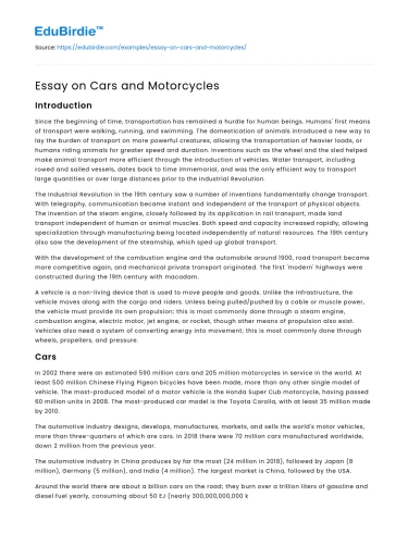 Essay on Cars and Motorcycles