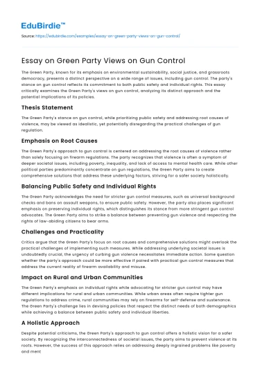 Essay on Green Party Views on Gun Control