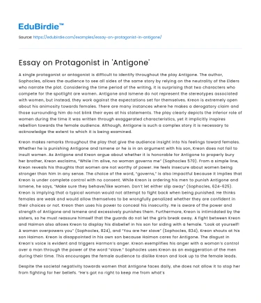 Essay on Protagonist in ‘Antigone’