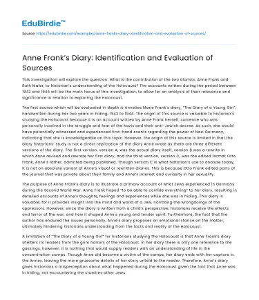 Anne Frank’s Diary: Identification and Evaluation of Sources