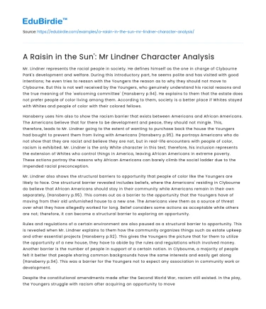 A Raisin in the Sun’: Mr Lindner Character Analysis