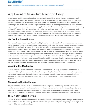 Why I Want to Be an Auto Mechanic Essay