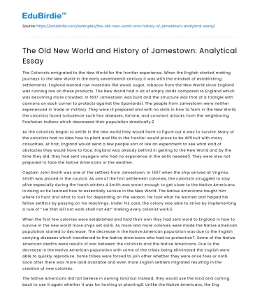 The Old New World and History of Jamestown: Analytical Essay