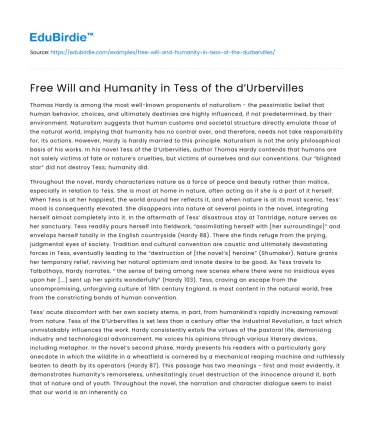 Free Will and Humanity in Tess of the d’Urbervilles