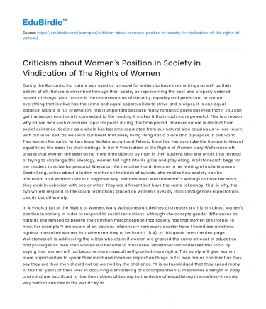 Criticism of Women’s Position in Vindication of Women