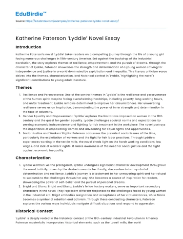 Katherine Paterson ‘Lyddie’ Novel Essay