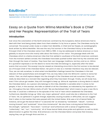 Analysis of Wilma Mankiller’s Quote on the Trail of Tears