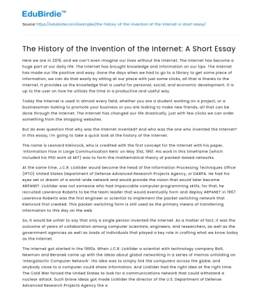 The History of the Invention of the Internet: A Short Essay
