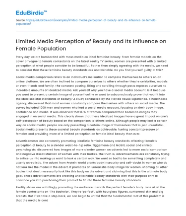 Limited Media Perception of Beauty and Its Influence on Female Population
