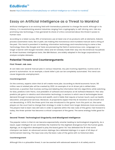 Essay on Artificial Intelligence as a Threat to Mankind