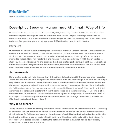 Descriptive Essay on Muhammad Ali Jinnah: Way of Life