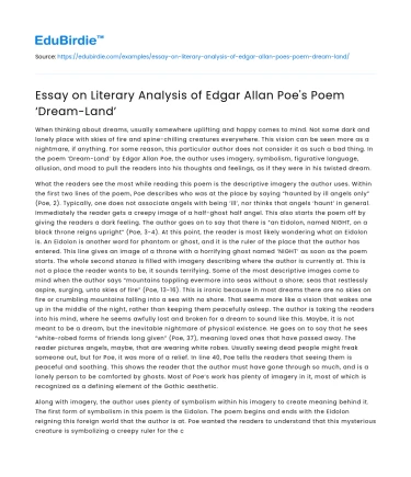 Essay on Literary Analysis of Edgar Allan Poe’s Poem ‘Dream-Land’