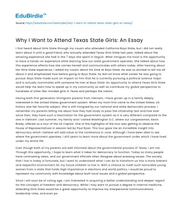 Why I Want to Attend Texas State Girls: An Essay