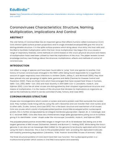 Coronaviruses: Structure, Naming, Multiplication, Implications, Control