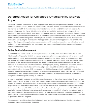 Deferred Action for Childhood Arrivals: Policy Analysis Paper