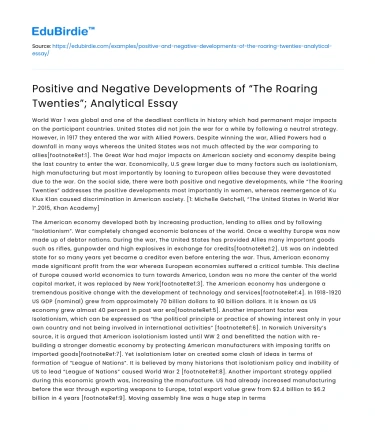 Analysis of the Roaring Twenties’ Developments: Positive and Negative