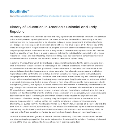 History of Education in America’s Colonial and Early Republic