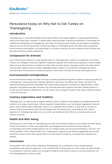 Persuasive Essay on Why Not to Eat Turkey on Thanksgiving