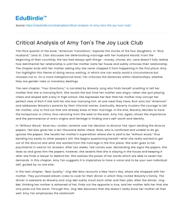 Critical Analysis of Amy Tan’s The Joy Luck Club