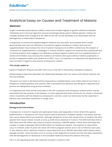 Analytical Essay on Causes and Treatment of Malaria