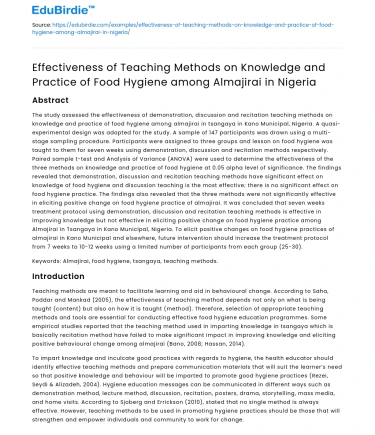 Teaching Methods on Food Hygiene among Almajirai in Nigeria