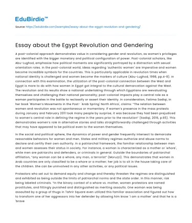 Essay about the Egypt Revolution and Gendering