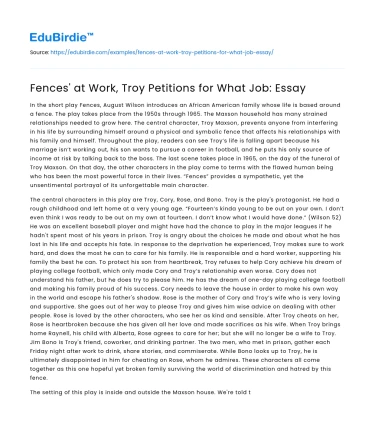 Fences’ at Work, Troy Petitions for What Job: Essay